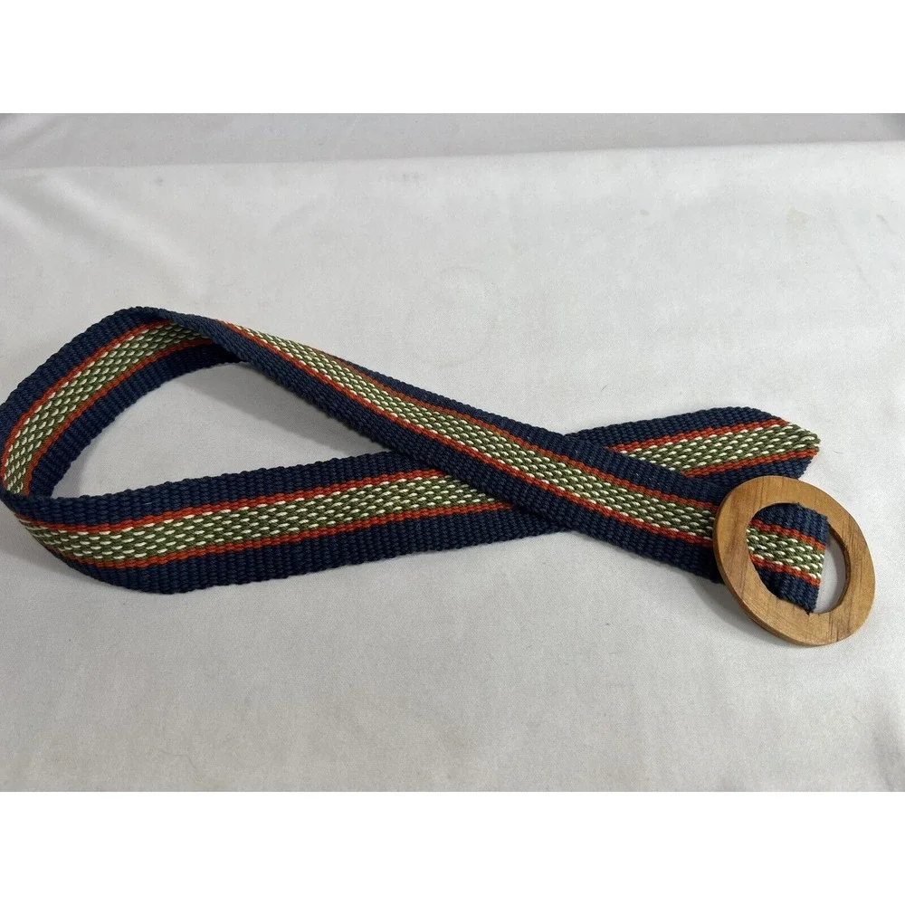 Vintage Wide Canvas Belt Women's Petite Woven Blue Green Red Wooden Buckle‎